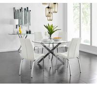 Novara Chrome Metal And Glass Large Round Dining Table And 4 Isco Chairs Set - White