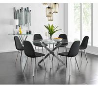 Novara Chrome Metal Glass Large Round Dining Table 6 Corona Silver Chairs - Black