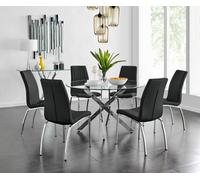 Furniturebox Uk Novara Chrome Metal And Glass Large Round Dining Table And 6 Black Isco Chairs Set