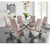 Furniturebox Uk Novara Chrome Metal And Glass Large Round Dining Table And 6 Cappuccino Beige Willow Chairs Set