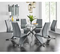 Furniturebox Uk Novara Chrome Metal And Glass Large Round Dining Table And 6 Elephant Grey Willow Chairs Set