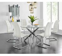 Furniturebox Uk Novara Chrome Metal And Glass Large Round Dining Table And 6 White Murano Chairs Set