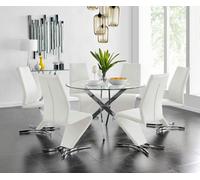 Furniturebox Uk Novara Chrome Metal And Glass Large Round Dining Table And 6 White Willow Chairs Set