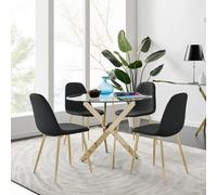 FurnitureboxUK Novara Chrome Metal 100cm Round Glass Dining Table & 4 Corona Gold Dining Chairs in Black FurnitureboxUK Black