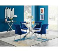 Furniturebox Uk Novara Chrome Metal Round Glass Dining Table And 4 Blue Nora Silver Leg Chairs