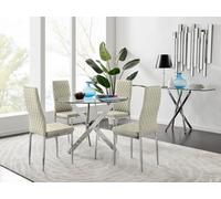 Furniturebox Uk Novara Chrome Metal Round Glass Dining Table And 4 Cream Velvet Milan Chairs