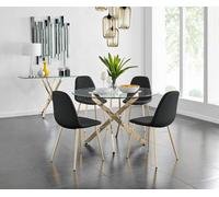 Novara Gold Metal Large Round Dining Table with 4 Corona Gold Chairs Set - Black