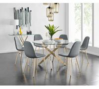 Furniturebox Uk Novara Gold Metal Large Round Dining Table And 6 Elephant Grey Corona Gold Chairs Set