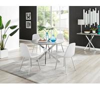 Furniturebox Uk Novara Grey Concrete Effect 120Cm Round Dining Table & 4 White Corona Silver Chairs