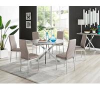 Furniturebox Uk Novara Grey Concrete Effect 120Cm Round Dining Table & 6 Cappuccino Milan Chrome Leg Chairs