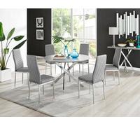 Furniturebox Uk Novara Grey Concrete Effect 120Cm Round Dining Table & 6 Grey Milan Chrome Leg Chairs