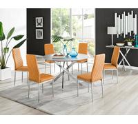 Furniturebox Uk Novara Grey Concrete Effect 120Cm Round Dining Table & 6 Mustard Milan Chrome Leg Chairs