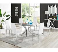 Furniturebox Uk Novara Grey Concrete Effect 120Cm Round Dining Table & 6 White Milan Chrome Leg Chairs