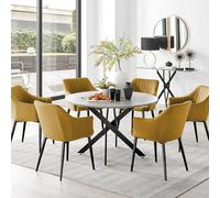 Furniturebox Uk Novara Grey Concrete Effect Black Leg 120Cm Round Dining Table & 6 Mustard Calla Black Leg Chairs