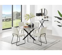 Furniturebox Uk Novara Grey Concrete Effect Black Leg Round Dining Table & 4 Cream Halle Chairs