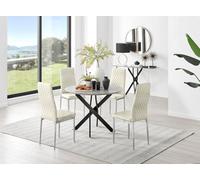 Furniturebox Uk Novara Grey Concrete Effect Black Leg Round Dining Table & 4 Cream Velvet Milan Chairs