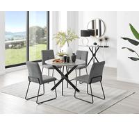 Furniturebox Uk Novara Grey Concrete Effect Black Leg Round Dining Table & 4 Dark Grey Halle Chairs