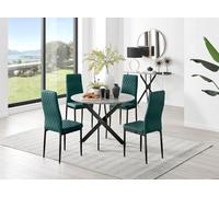 Furniturebox Uk Novara Grey Concrete Effect Black Leg Round Dining Table & 4 Green Velvet Milan Black Leg Chairs