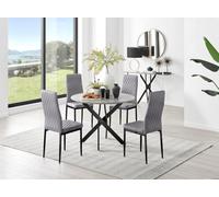 Furniturebox Uk Novara Grey Concrete Effect Black Leg Round Dining Table & 4 Grey Velvet Milan Black Leg Chairs