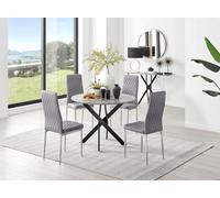 Furniturebox Uk Novara Grey Concrete Effect Black Leg Round Dining Table & 4 Grey Velvet Milan Chairs