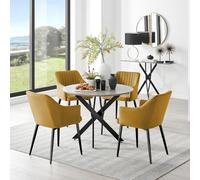 Furniturebox Uk Novara Grey Concrete Effect Black Leg Round Dining Table & 4 Mustard Calla Black Leg Chairs