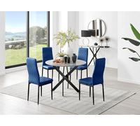 Furniturebox Uk Novara Grey Concrete Effect Black Leg Round Dining Table & 4 Navy Velvet Milan Black Leg Chairs