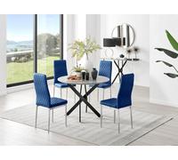 Furniturebox Uk Novara Grey Concrete Effect Black Leg Round Dining Table & 4 Navy Velvet Milan Chairs