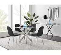 Furniturebox UK Novara Modern Round Chrome Metal and Clear Glass Dining Table and 4 Luxury Corona Silver Dining Chairs Set (Dining Table + 4 Black Corona Silver Chairs)