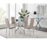 Furniturebox UK Novara Modern Round Metal and Clear Glass Dining Table and 4 Stylish Faux Leather Chrome Leg Milan Dining Chairs Set (Dining Table + 4 Cappuccino Grey Milan Chairs)