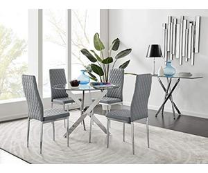 Furniturebox UK Novara Round Dining Table and Milan Chairs Set - Modern Glass Dining Table with Silver Chrome Legs, 4 Grey Chairs