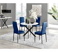 Furniturebox Uk Novara White Gloss Black Leg Round Dining Table & 4 Navy Velvet Milan Black Leg Chairs