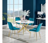 Furniturebox Uk Novara White Gloss Gold Leg 120Cm Round Dining Table & 4 Blue Pesaro Gold Leg Chairs