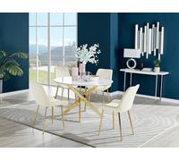 Furniturebox Uk Novara White Gloss Gold Leg 120Cm Round Dining Table & 4 Cream Pesaro Gold Leg Chairs