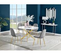 Furniturebox Uk Novara White Gloss Gold Leg 120Cm Round Dining Table & 4 Grey Corona Gold Leg Chairs