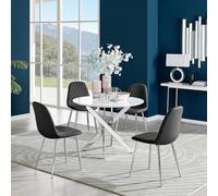 Furniturebox Uk Novara White High Gloss Round Dining Table & 4 Black Corona Silver Chairs