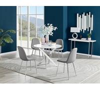 Furniturebox Uk Novara White High Gloss Round Dining Table & 4 Grey Corona Silver Chairs
