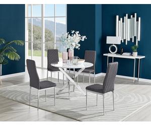 Furniturebox Uk Novara White High Gloss Round Dining Table & 4 Grey Velvet Milan Chairs