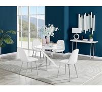 Furniturebox Uk Novara White High Gloss Round Dining Table & 4 White Corona Silver Chairs