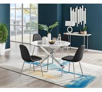Furniturebox Uk Novara White Marble 120Cm Round Dining Table & 4 Black Corona Silver Chairs