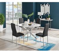 Furniturebox Uk Novara White Marble 120Cm Round Dining Table & 4 Black Milan Chrome Leg Chairs