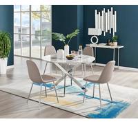 Furniturebox Uk Novara White Marble 120Cm Round Dining Table & 4 Cappuccino Corona Silver Chairs