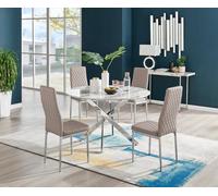Furniturebox Uk Novara White Marble 120Cm Round Dining Table & 4 Cappuccino Milan Chrome Leg Chairs