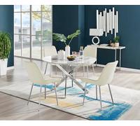 Furniturebox Uk Novara White Marble 120Cm Round Dining Table & 4 Cream Pesaro Silver Chairs