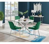 Furniturebox Uk Novara White Marble 120Cm Round Dining Table & 4 Green Pesaro Silver Chairs