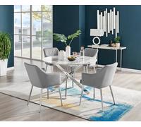 Furniturebox Uk Novara White Marble 120Cm Round Dining Table & 4 Grey Calla Silver Leg Chairs