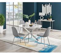 Furniturebox Uk Novara White Marble 120Cm Round Dining Table & 4 Grey Corona Silver Chairs