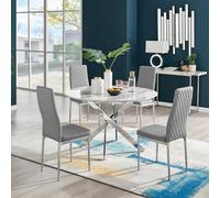 Furniturebox Uk Novara White Marble 120Cm Round Dining Table & 4 Grey Milan Chrome Leg Chairs