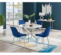 Novara White Marble Effect 120cm Dining Table 4 Pesaro Silver Chairs - Navy