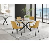 Furniturebox Uk Novara White Marble Black Leg 120Cm Round Dining Table & 4 Mustard Pesaro Black Leg Chairs