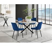 Furniturebox Uk Novara White Marble Black Leg 120Cm Round Dining Table & 4 Navy Pesaro Black Leg Chairs